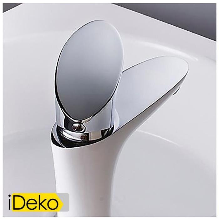 Robinet de salle de bain Mitigeur lavabo contemporain corps ceramique blanc poignee blanc monocommande
