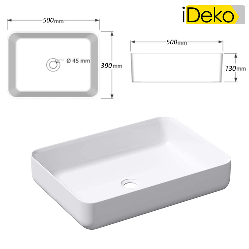 Vasque a poser en ceramique lavabo perçage forme rectangle Blanc avec Bonde Siphon 500x390x135mm