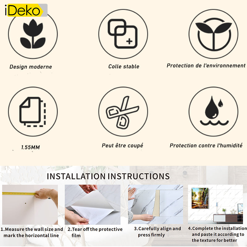 20 x Papier peint 3D Auto Adhesif a Effet Carrelage marbre Bricolage Cuisine salle de bain mural sol 30cmx60cm beige