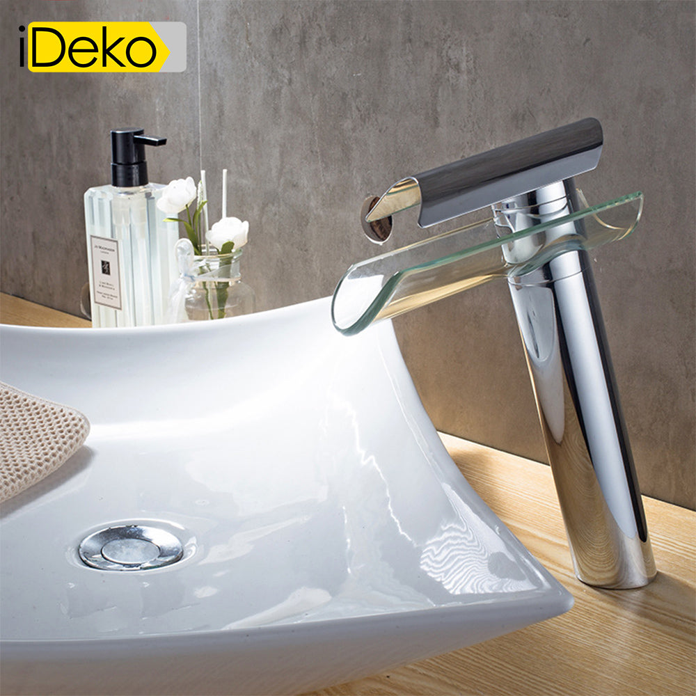 Robinet de salle de bain Mitigeur lavabo cascade haut de bec en verre