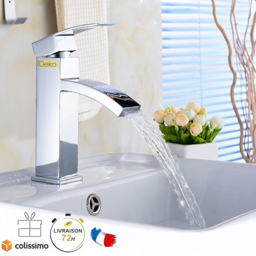 Robinet de salle de bains Mitigeur lavabo Robinet d'evier cascade chrome contemporain Monocommande