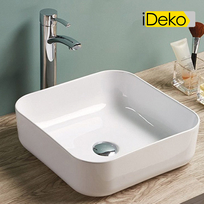 Vasque a poser en ceramique lavabo perçage forme carree Blanc avec Bonde Siphon 385x385x135mm