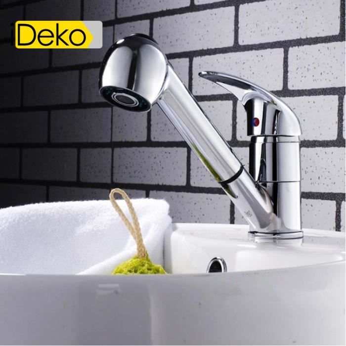 Robinet de cuisine salle de bain grande doucette etirable Mitigeur de lavabo Chrome avec Flexible