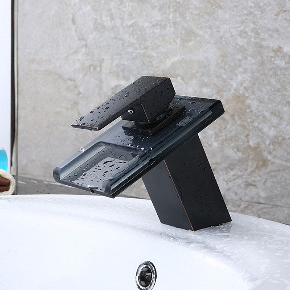 Robinet Mitigeur lavabo cascade salle de bain en ceramique en verre Noir SANS LED & Flexible
