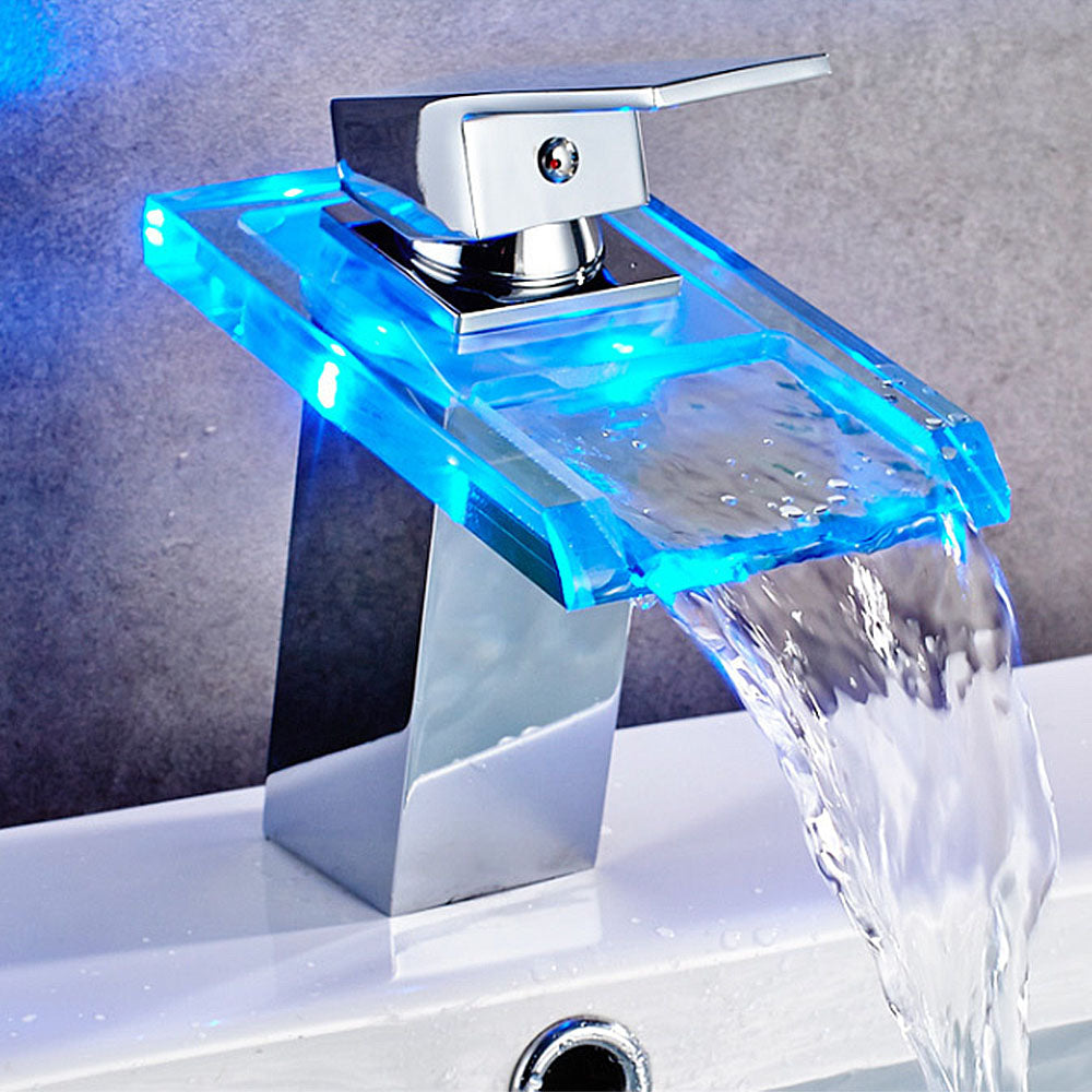 Robinet salle de bain lavabo Mitigeur cascade en verre LAITON LED 3 couleur LED