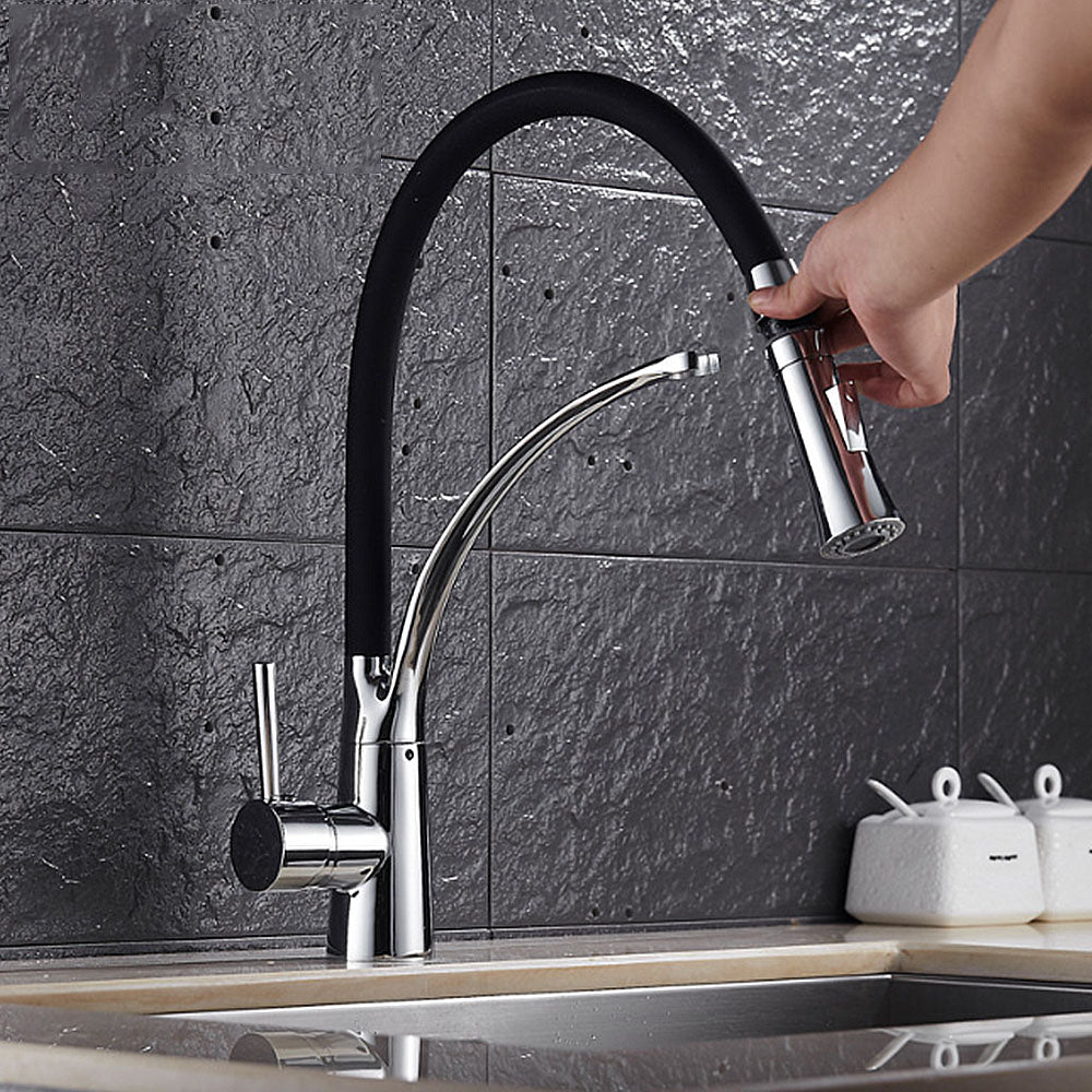 Robinet de Cuisine mitigeur avec douchette Extractible en Silicone Noir Rabattable 360° Mitigeur pour Evier Chrome a Bras