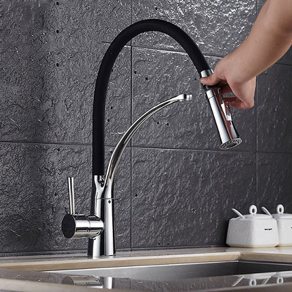 Robinet de Cuisine mitigeur avec douchette Extractible en Silicone Noir Rabattable 360° Mitigeur pour Evier Chrome a Bras