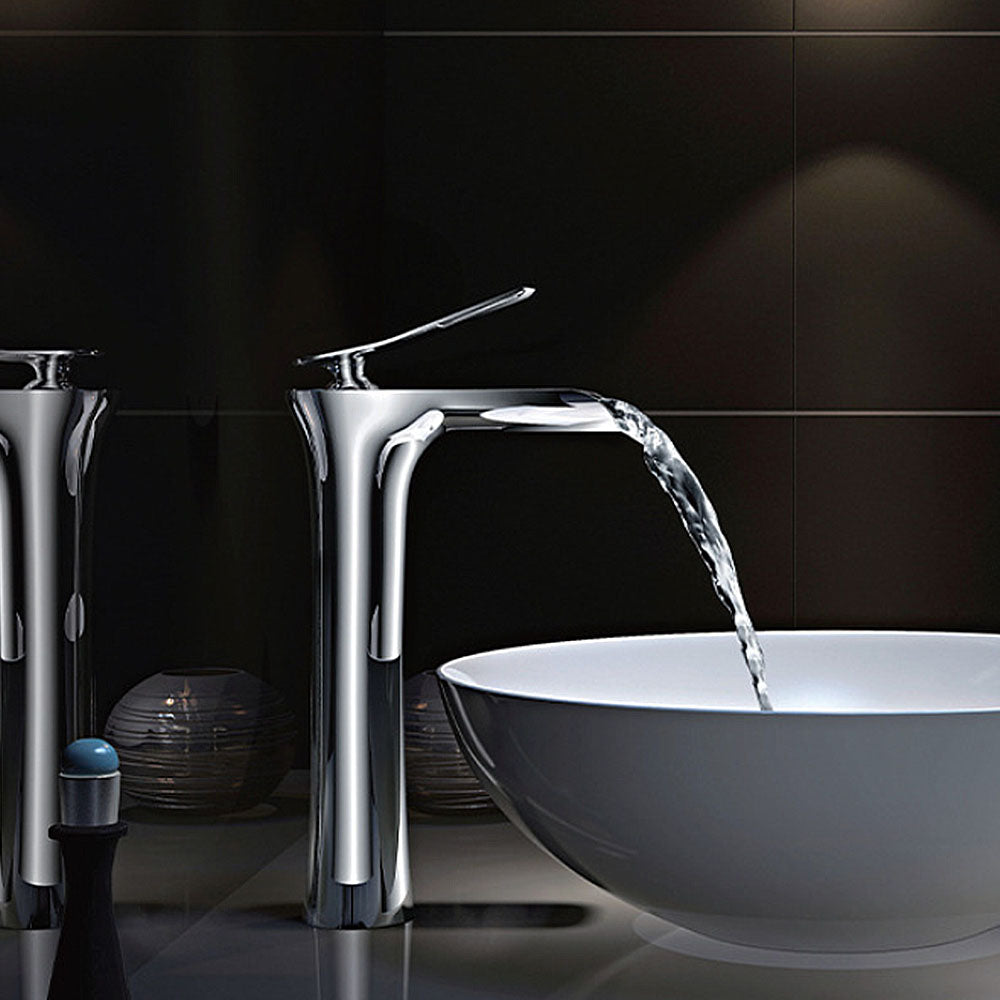 Robinet de lavabo Mitigeur cascade haut bec design moderne Laiton Ceramique chrome IDK3127 avec flexibles