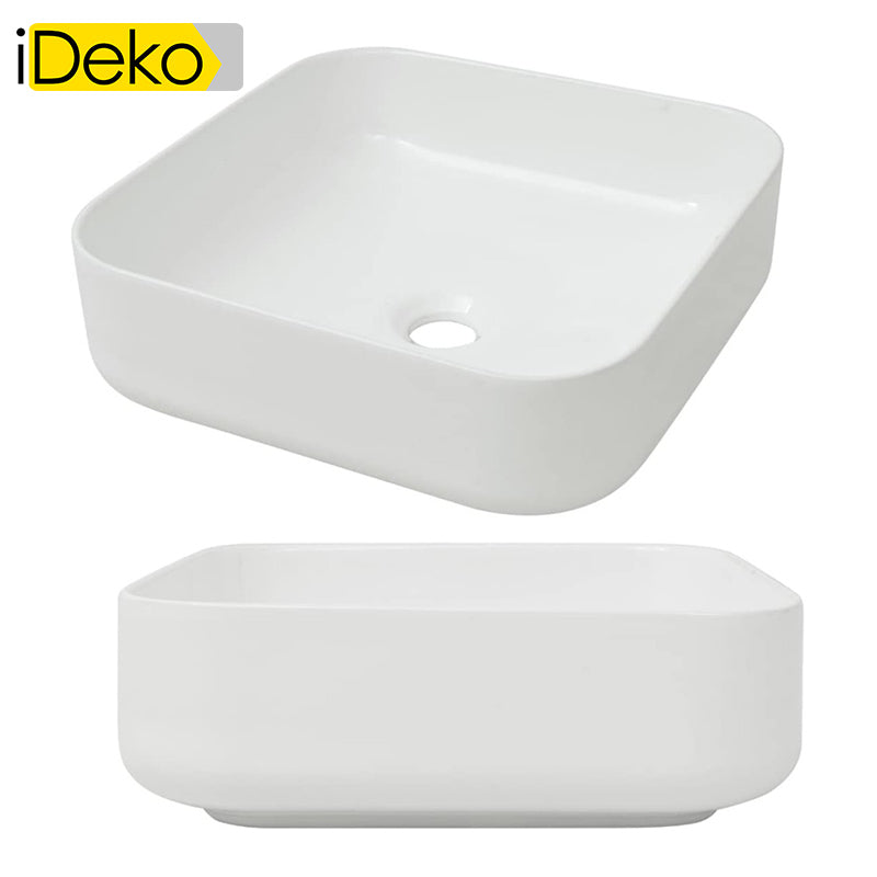 Vasque a poser en ceramique lavabo perçage forme carree Blanc avec Bonde Siphon 385x385x135mm