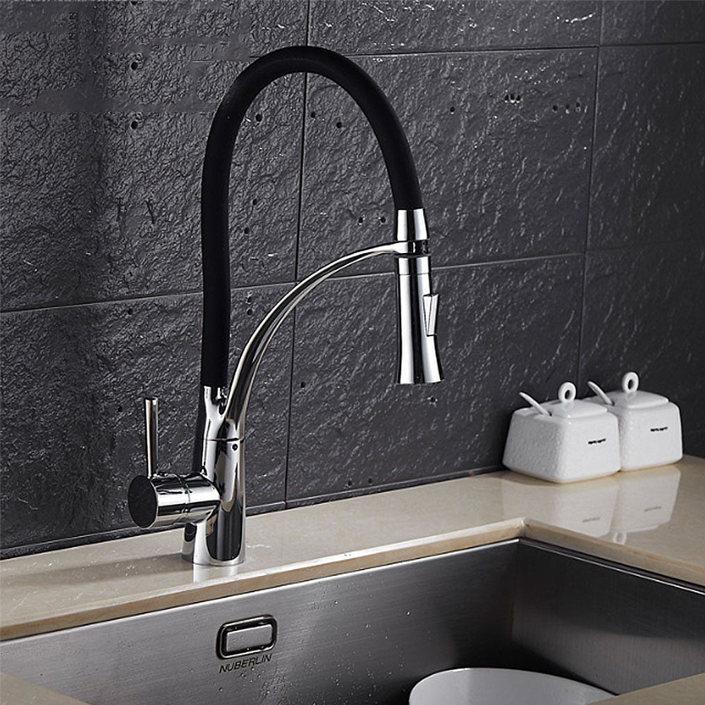 Robinet de Cuisine mitigeur avec douchette Extractible en Silicone Noir Rabattable 360° Mitigeur pour Evier Chrome a Bras
