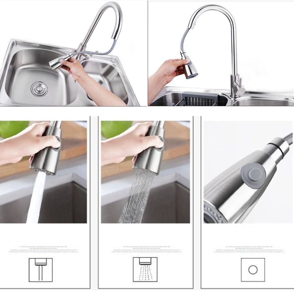 Robinet de cuisine Mitigeur Robinet d'evier rotation a 360 degres Avec spray demontable Laiton Nickel brosse