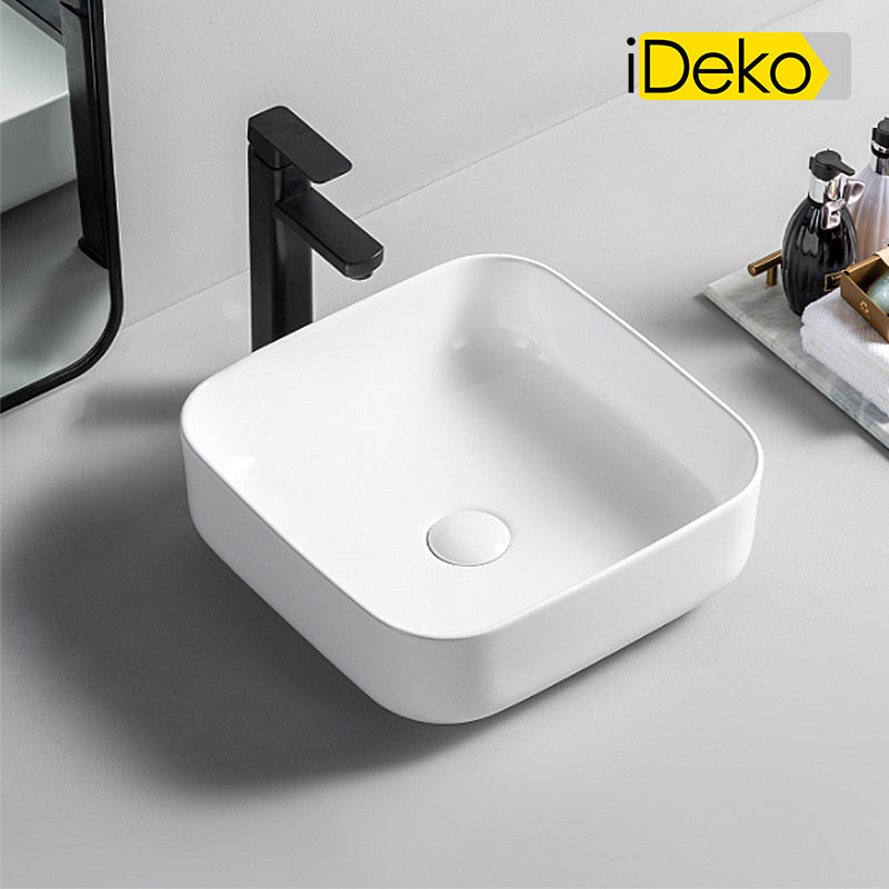 Vasque a poser en ceramique lavabo perçage forme carree Blanc avec Bonde Siphon 385x385x135mm