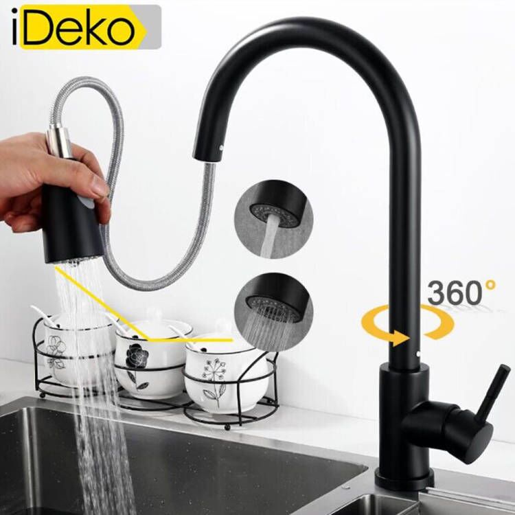 Robinet de cuisine 2 jets de douchette etirab multi fonction famille standard Noir moderne