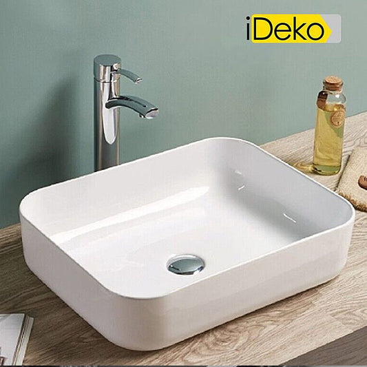 Vasque a poser en ceramique lavabo perçage forme rectangle Blanc avec Bonde Siphon 500x390x135mm