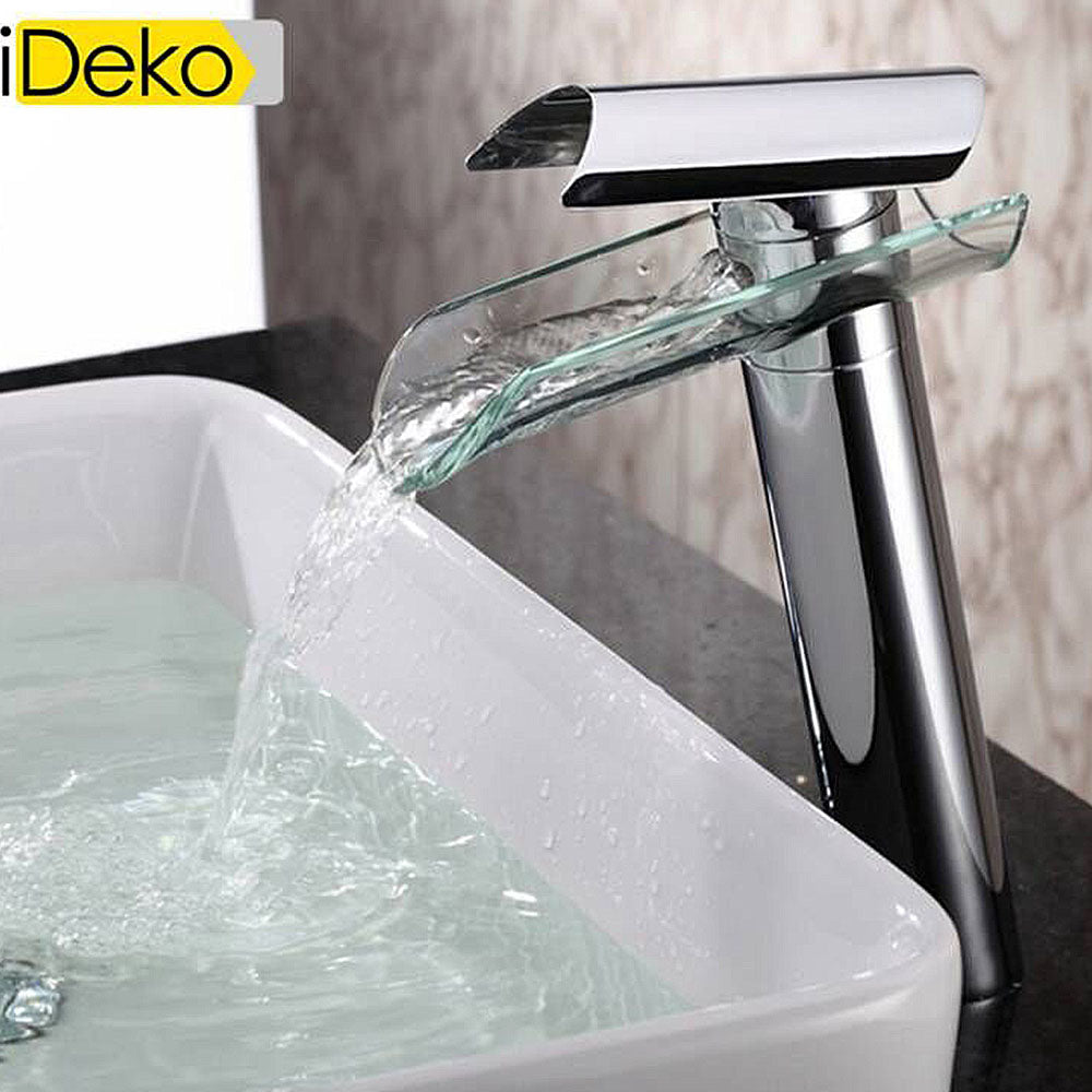 Robinet de salle de bain Mitigeur lavabo cascade haut de bec en verre
