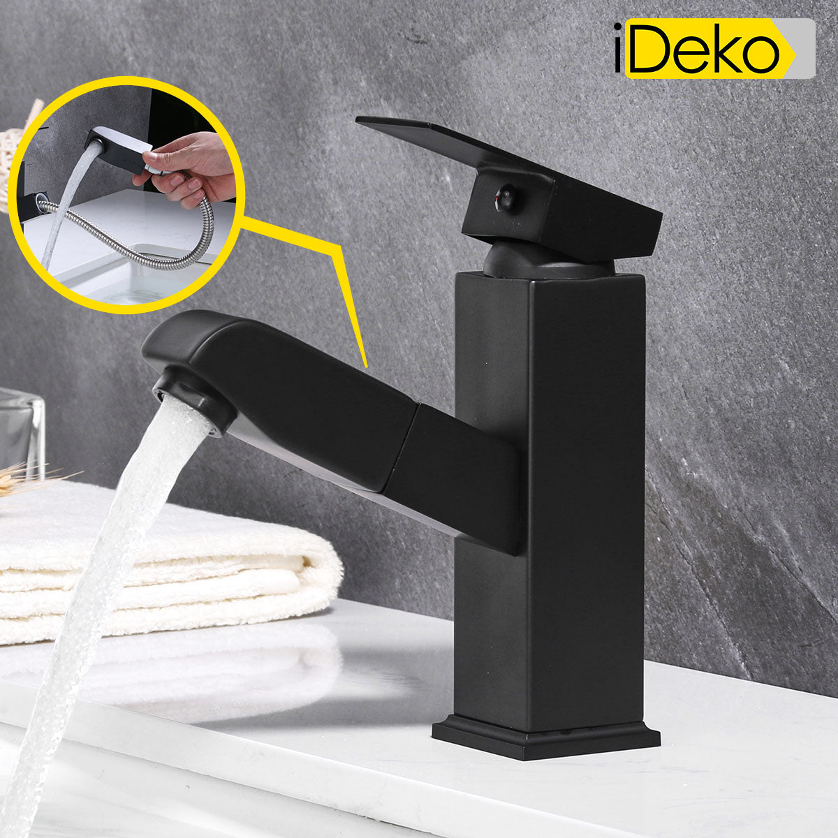 Robinet de salle de bain lavabo avec doucette tirage Noir famille standard monocommande