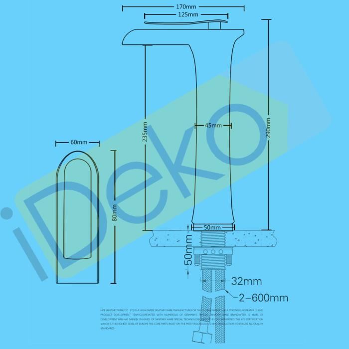 Robinet de lavabo Mitigeur cascade haut bec design moderne Laiton Ceramique chrome IDK3127 avec flexibles