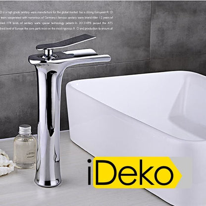 Robinet de lavabo Mitigeur cascade haut bec design moderne Laiton Ceramique chrome IDK3127 avec flexibles